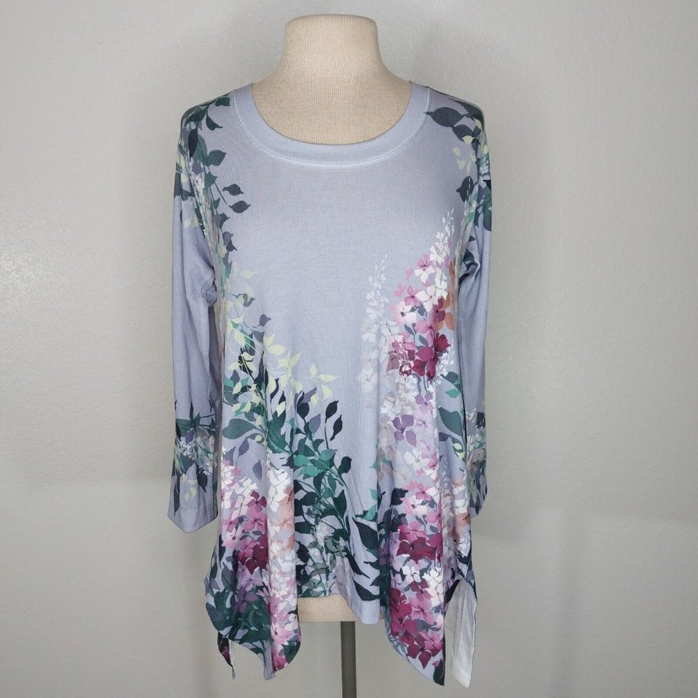 Soft Surroundings Womans Small Purple Floral Sweater Knit Tunic Top Asymmetrical